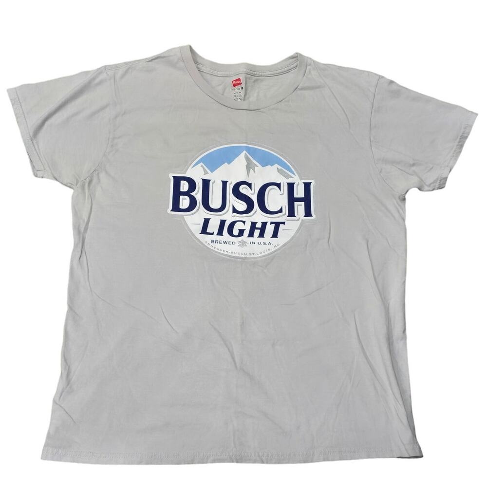 Hanes Nano Gray Busch Light Short Sleeve Crew Neck Shirt Brewed In USA St.Louis
